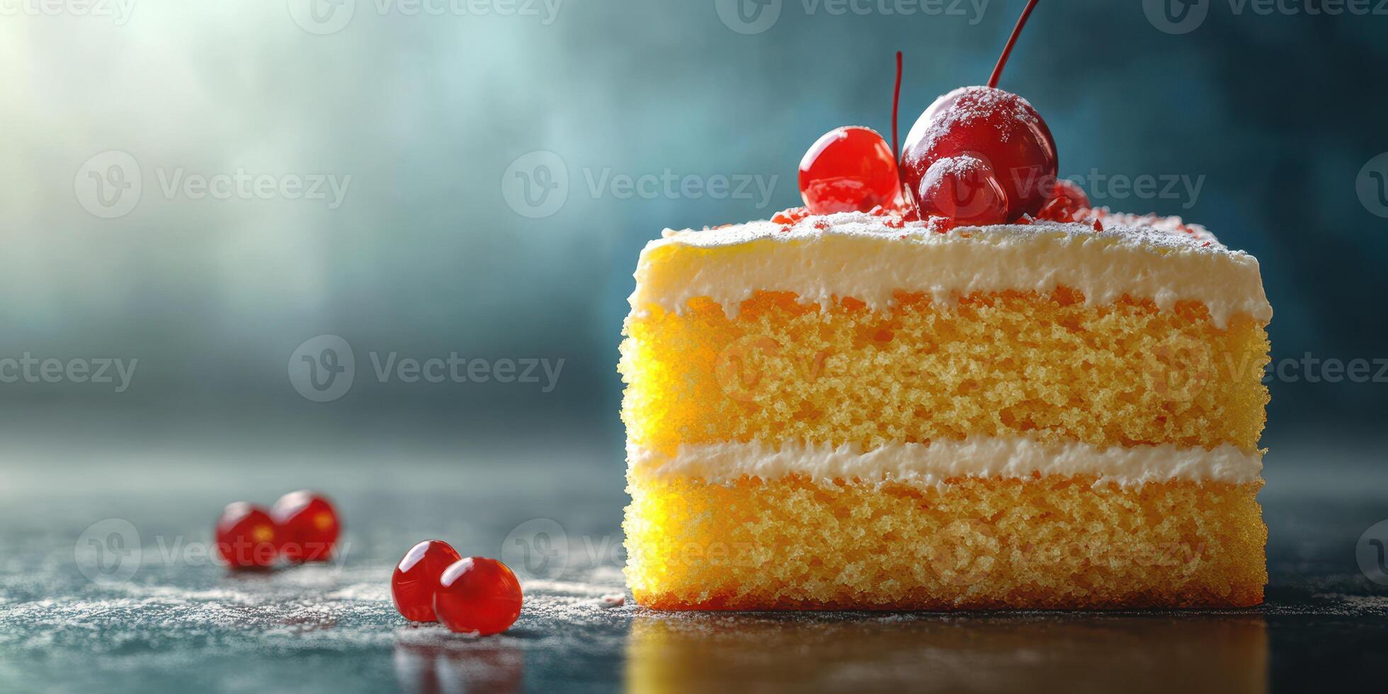 Delicious yellow cake topped with cherries served on a dark reflective surface in a rustic kitchen setting photo