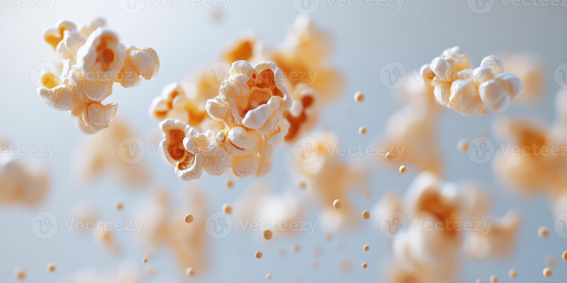 Popcorn kernels burst into the air in a delightful display during a fun movie night at home photo