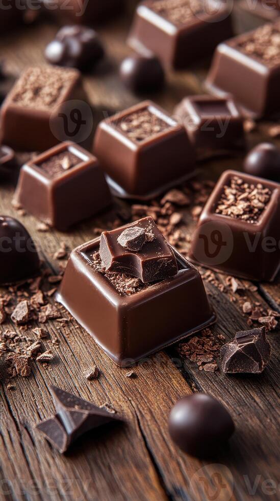 Rich assortment of dark chocolate pieces arranged on rustic wooden table with chocolate shavings and round truffles photo