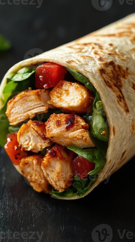 Delicious grilled chicken wrap with fresh vegetables served on a black stone background photo