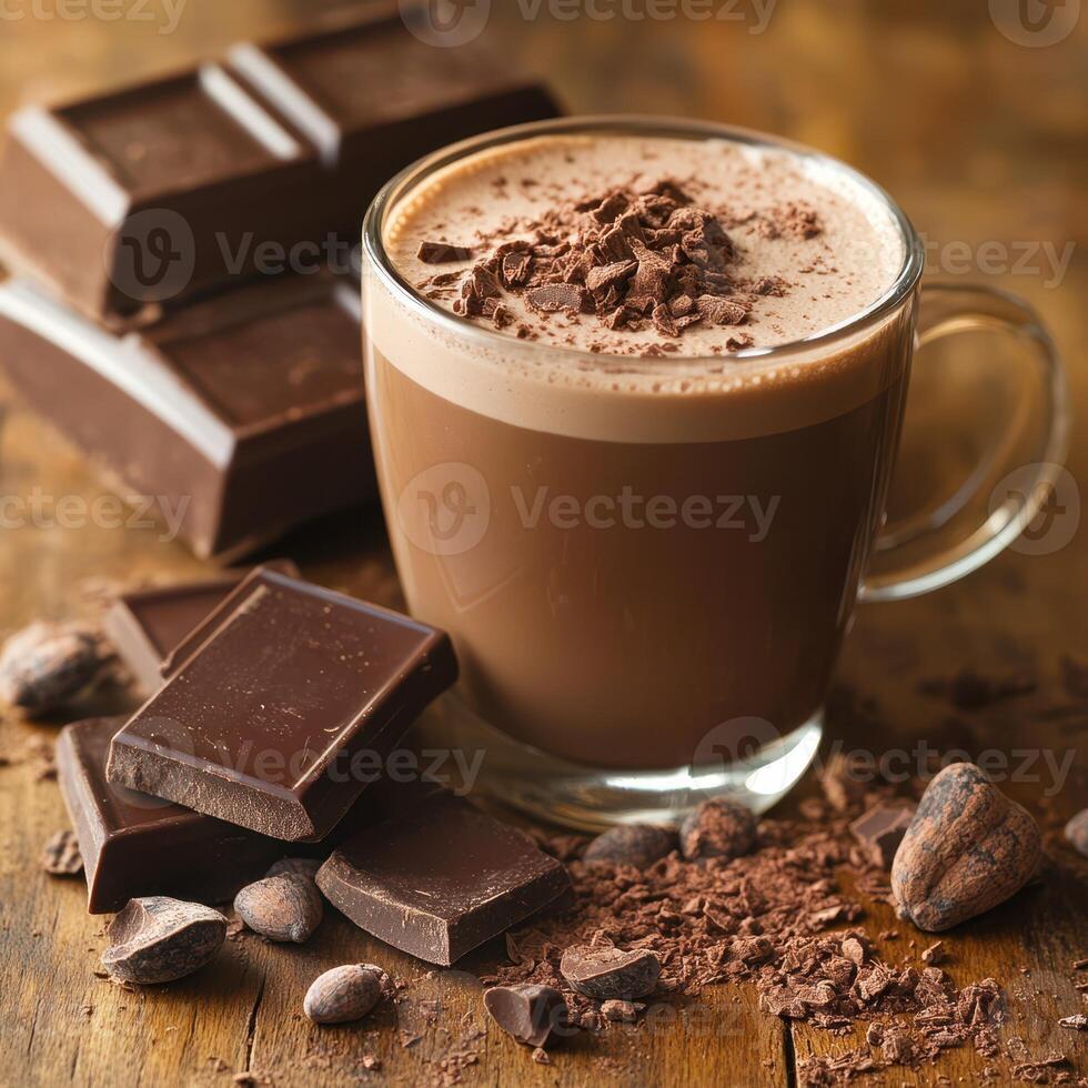 Delicious hot chocolate served in a clear mug with chocolate shavings and dark chocolate pieces on a rustic wooden table photo