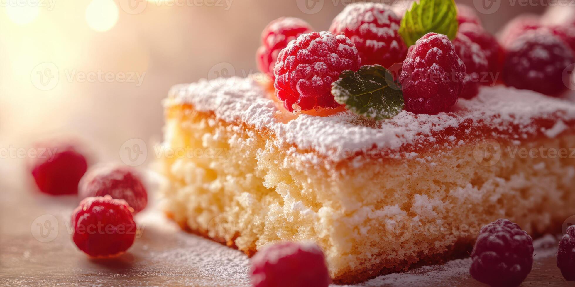 Delicious dessert featuring a moist cake topped with fresh raspberries and mint garnish in a warm setting photo