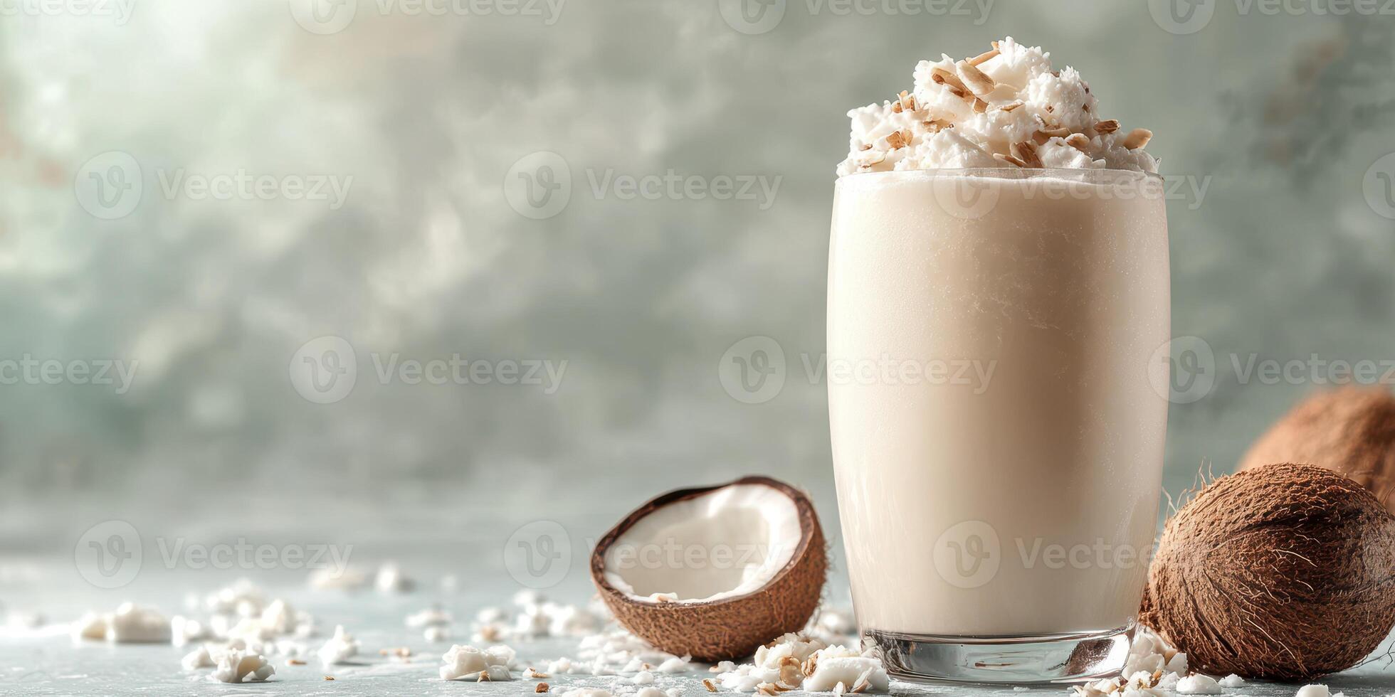 Delicious coconut milkshake served in a tall glass with shaved coconut on top in a bright kitchen setting photo