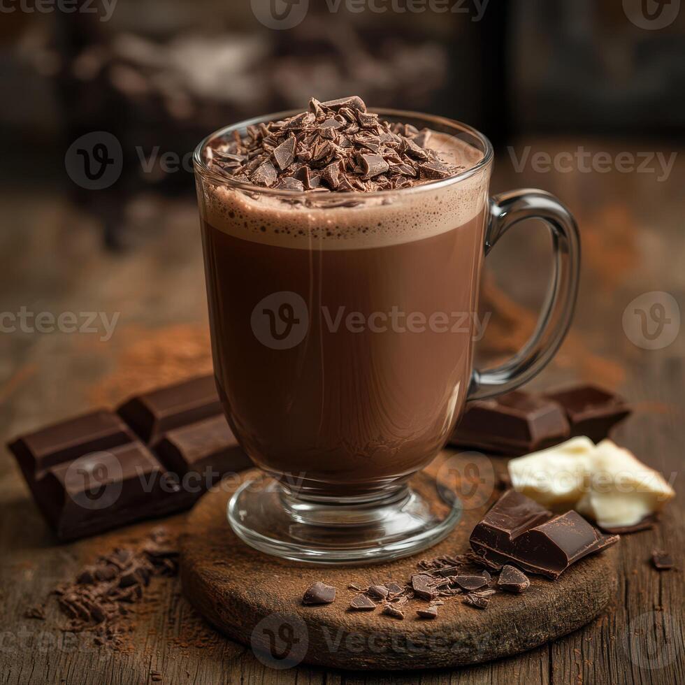 Warm chocolate drink topped with shavings served with dark chocolate pieces on rustic wooden surface photo