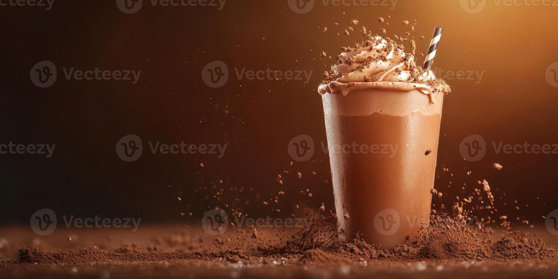 Whipped cream topped chocolate beverage splashes with cocoa dust in warm light setting photo