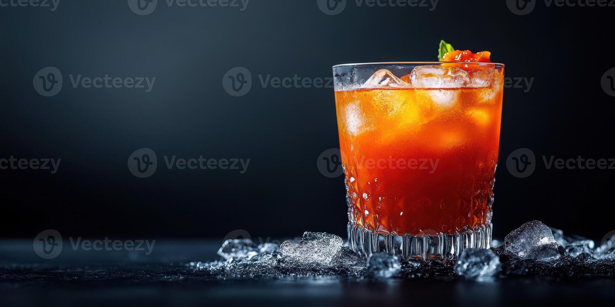Refreshing fruity cocktail served over ice with vibrant colors in a dimly lit bar setting during evening hours photo