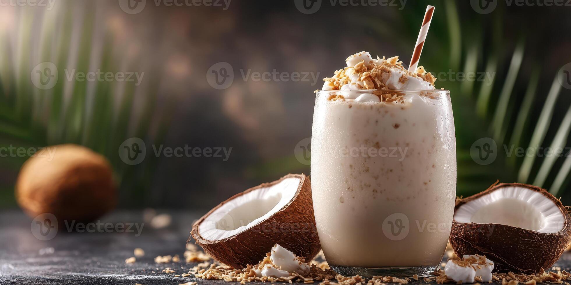 Creamy coconut smoothie topped with granola and coconut flakes in a tropical setting photo