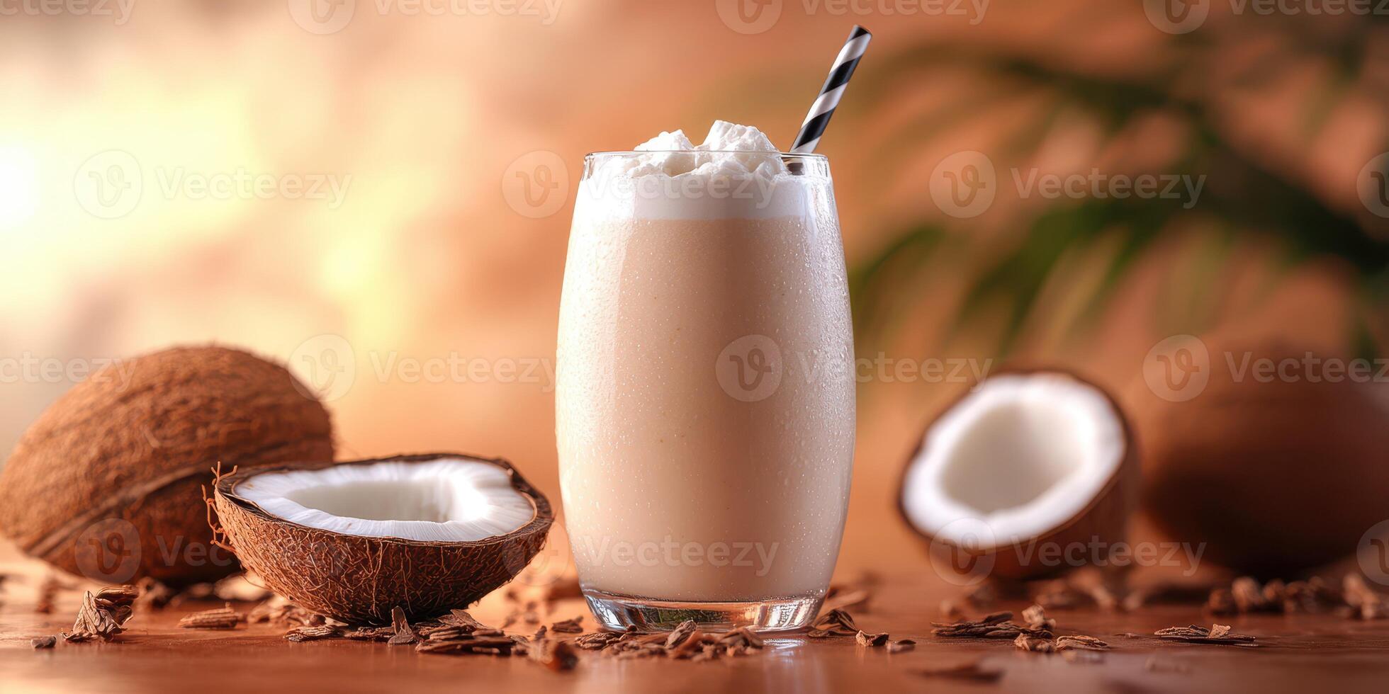 Creamy coconut smoothie served with fresh coconut halves on a wooden table in a tropical setting photo