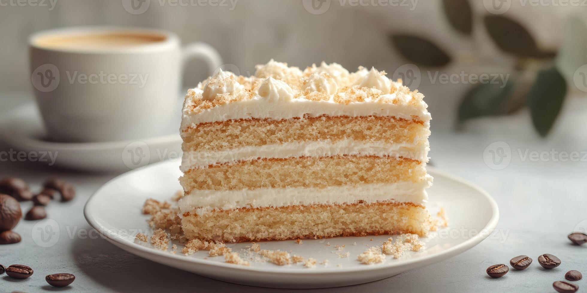 Moist vanilla cake served with coffee, perfect for afternoon indulgence with minimalistic decor photo