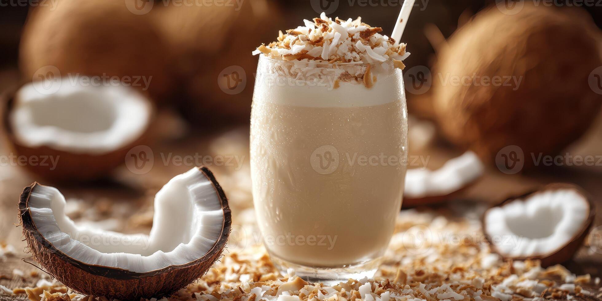 Creamy coconut smoothie topped with shredded coconut and served with fresh coconuts on wooden table photo