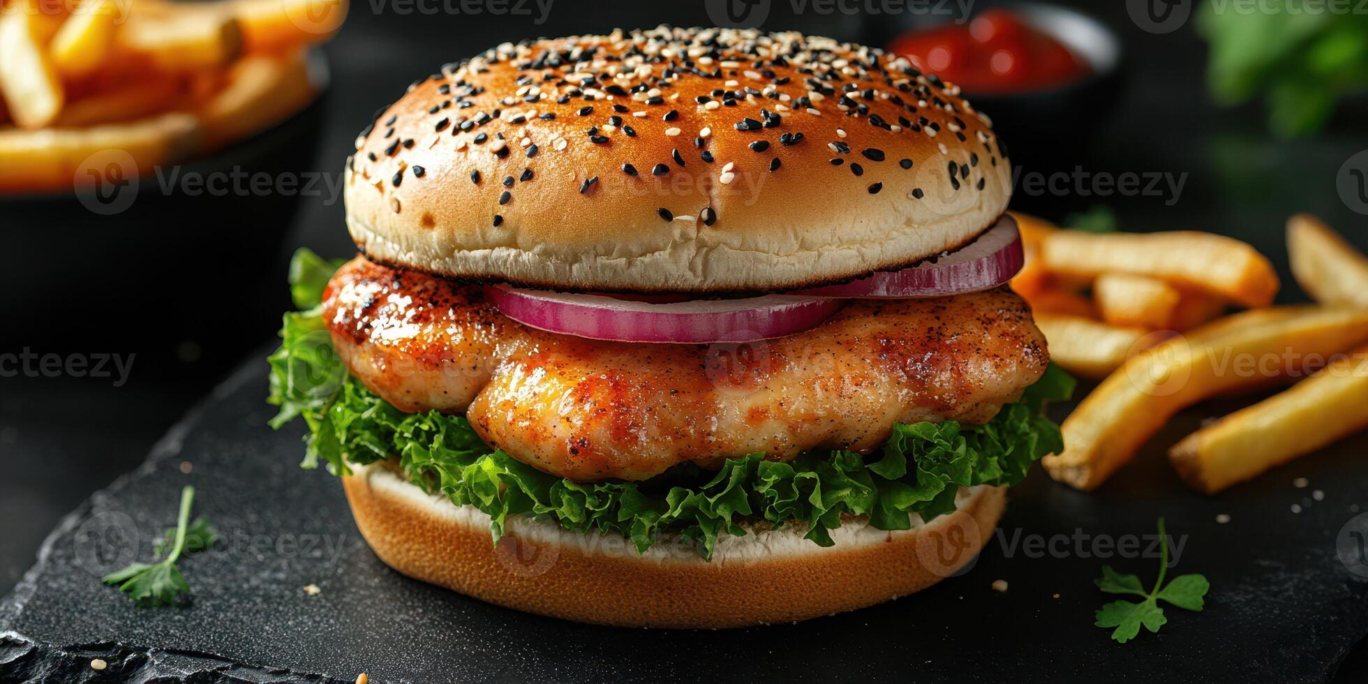 Delicious grilled chicken sandwich served with crispy fries and a side of ketchup on a dark background photo