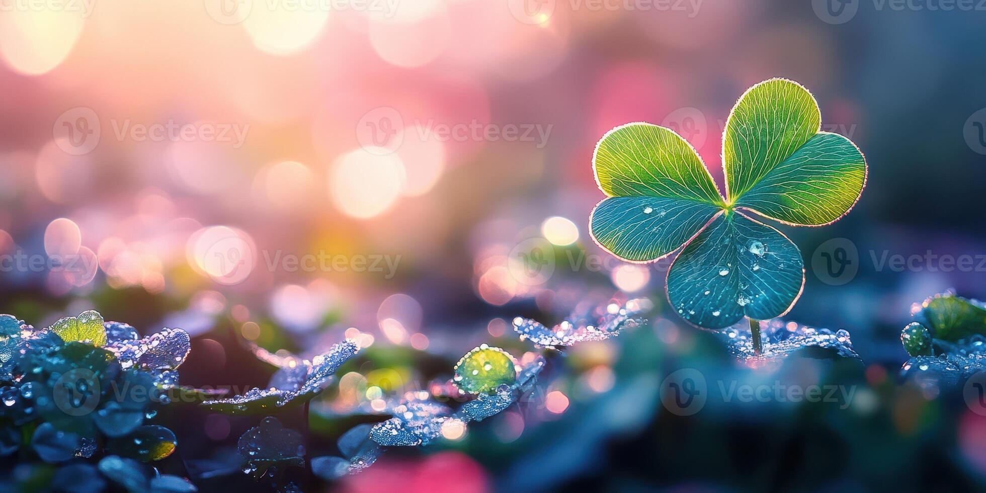 Close-up view of a clover leaf sparkling with dew in a vibrant garden at dawn photo
