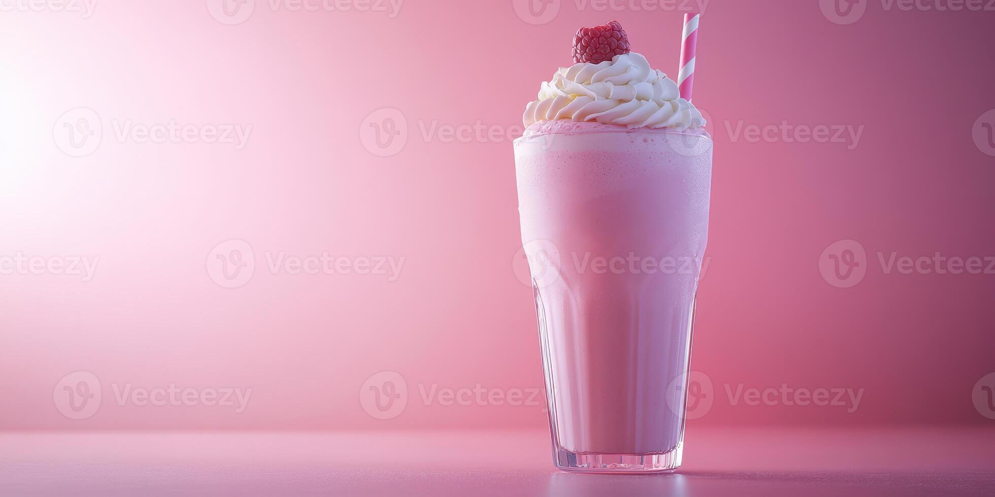 Refreshing pink milkshake topped with whipped cream and a raspberry on a pastel pink background photo