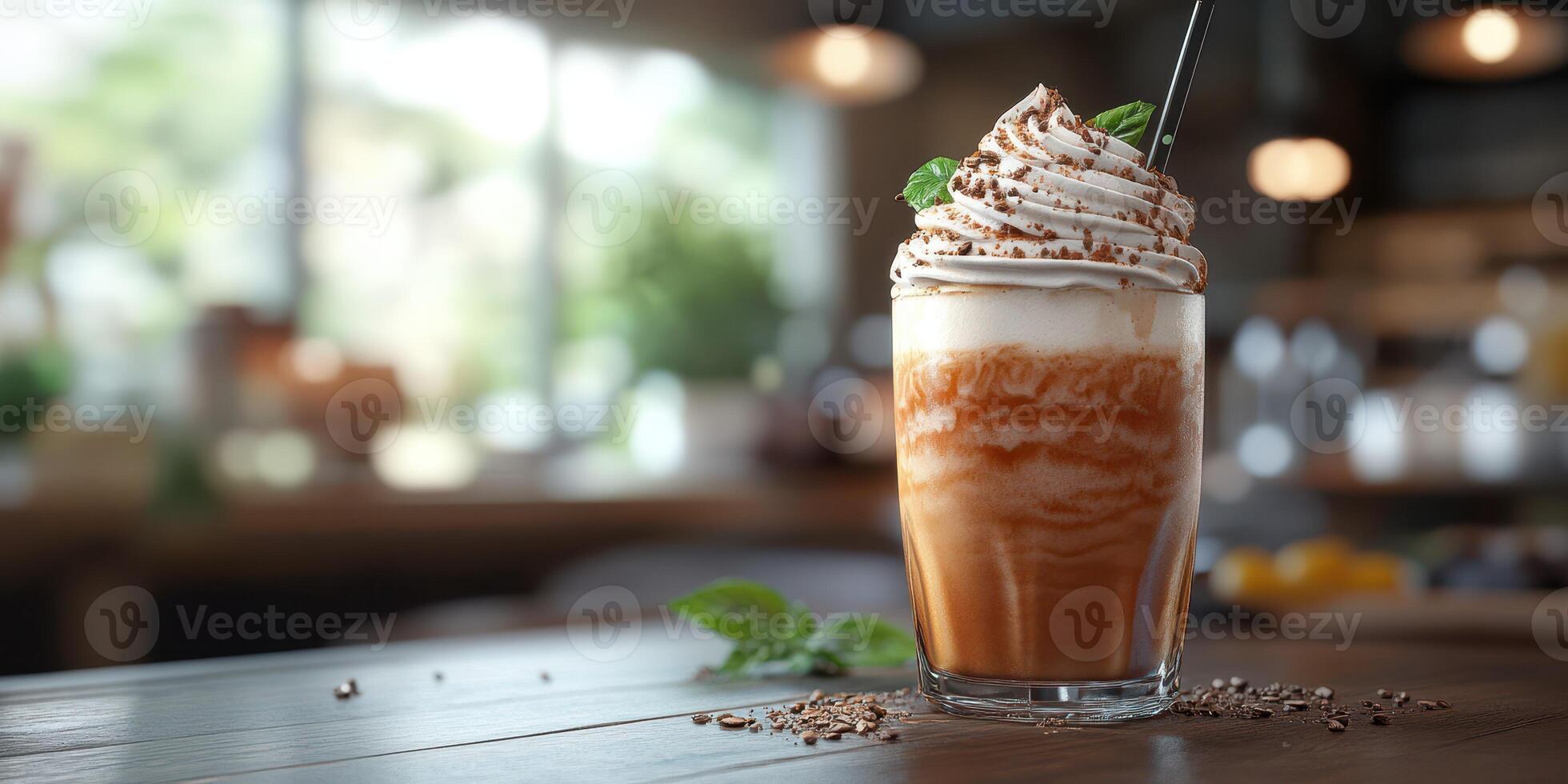 Delicious iced coffee topped with whipped cream and chocolate in a cozy cafe setting photo
