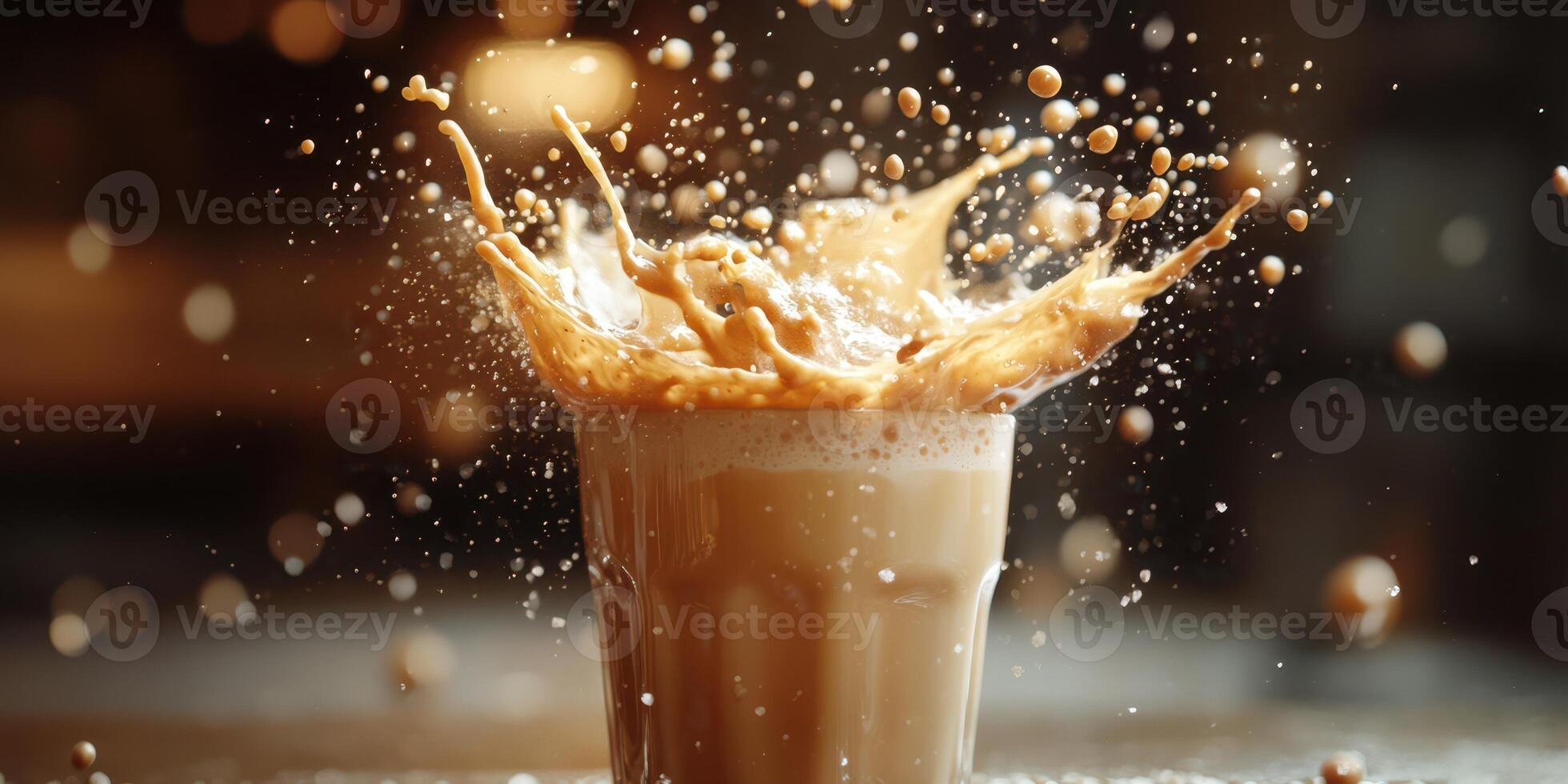 Creamy beverage splashes dramatically from a glass in a cozy cafe setting during late afternoon photo
