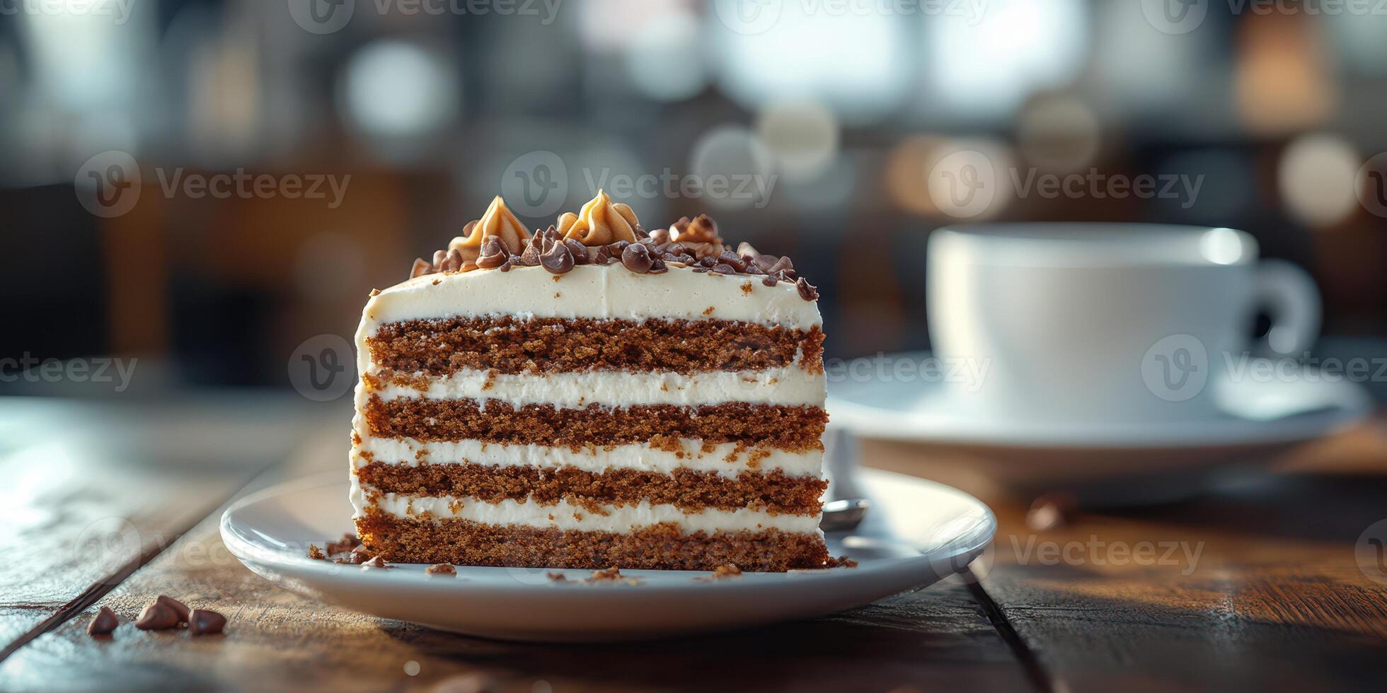 Delicious slice of layered cake served with a cup of coffee in a cozy cafe setting photo