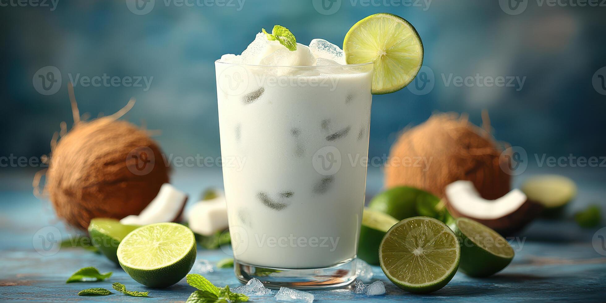 Refreshing coconut lime drink garnished with mint served in a clear glass surrounded by fresh lime and coconut photo