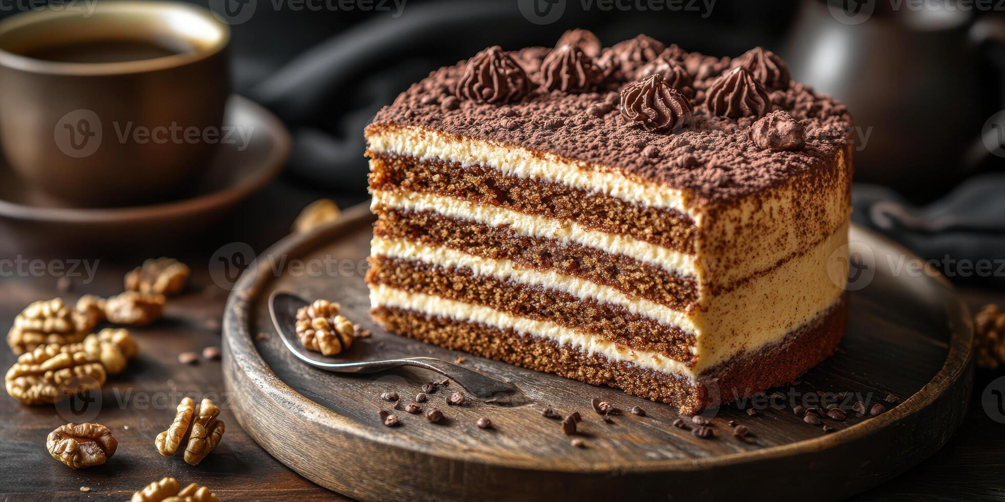 Delicious layered cake with cream and nuts served on wooden plate with coffee in background photo