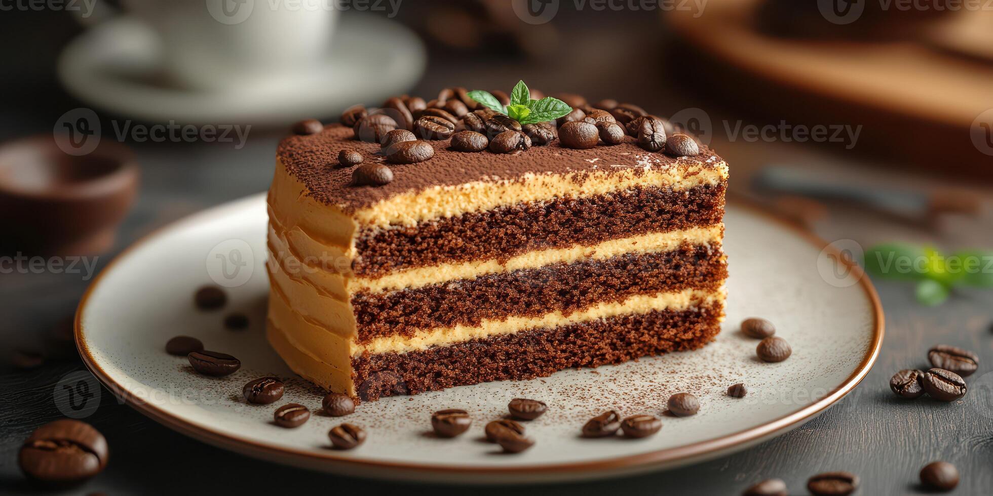 Elegant dessert featuring rich layers of chocolate and coffee cream on a rustic wooden table photo