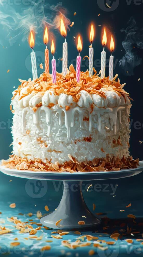 Celebrating with a stunning coconut cake adorned with colorful candles and toasted coconut flakes photo
