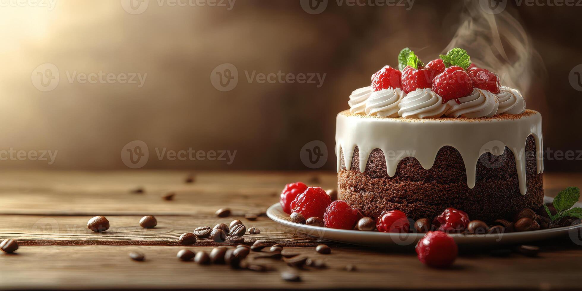Rich chocolate cake adorned with raspberries and cream on a wooden table with coffee beans photo