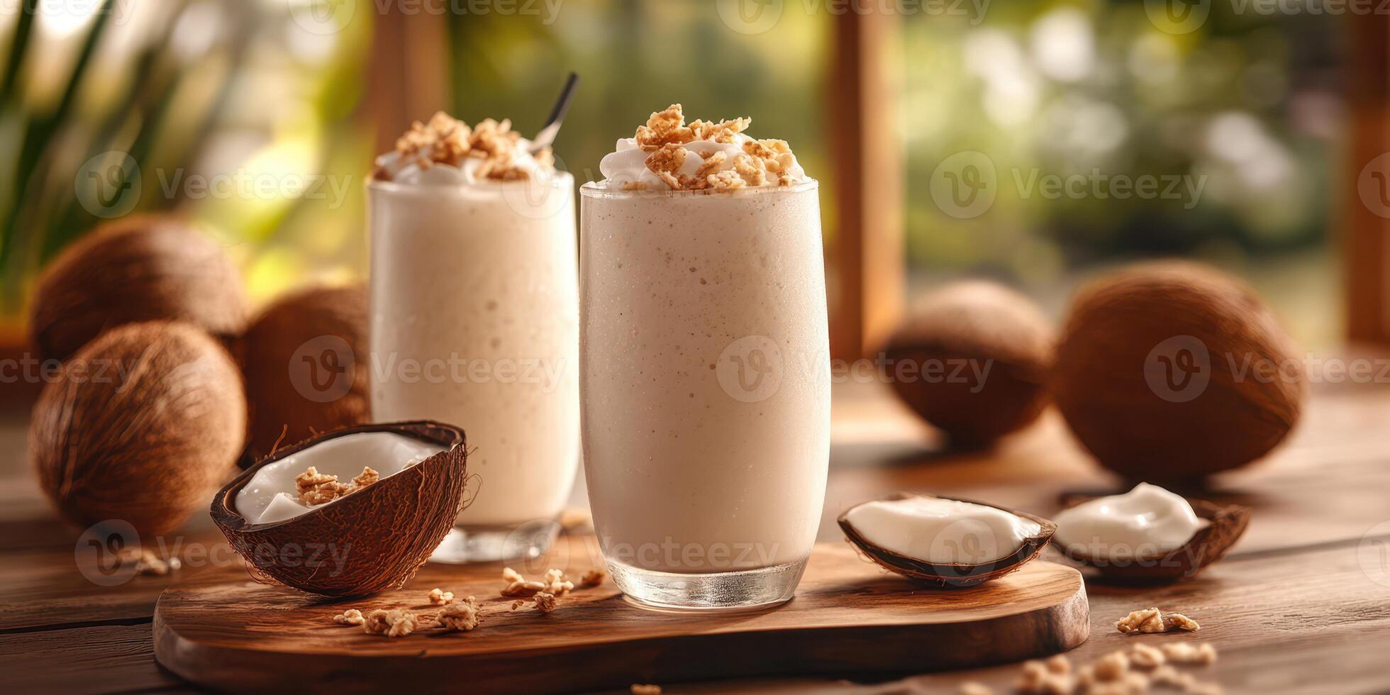 Refreshing coconut smoothies with crunchy topping in a serene setting photo