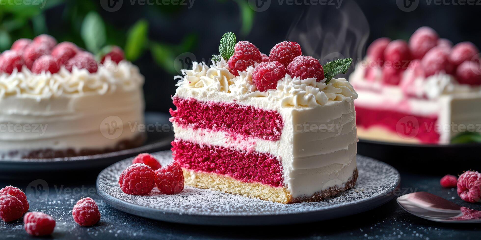 Delicious raspberry cake with layers of red velvet and cream frosting, perfect for celebrations and gatherings photo
