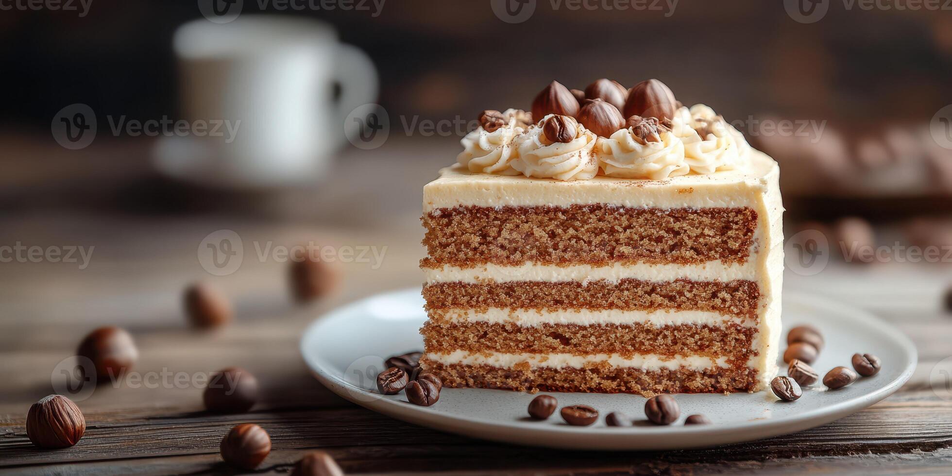 Delicious layered cake topped with nuts served on a plate in a cozy cafe setting photo