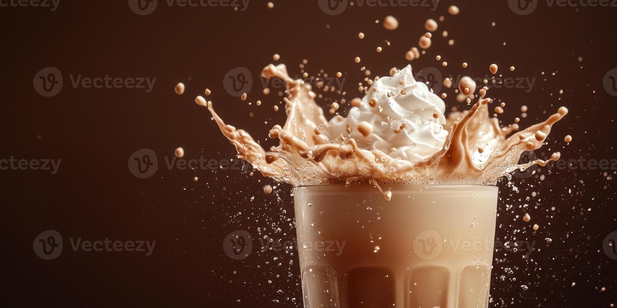 Creamy liquid splashes dramatically from a glass filled with a coffee beverage topped with whipped cream photo