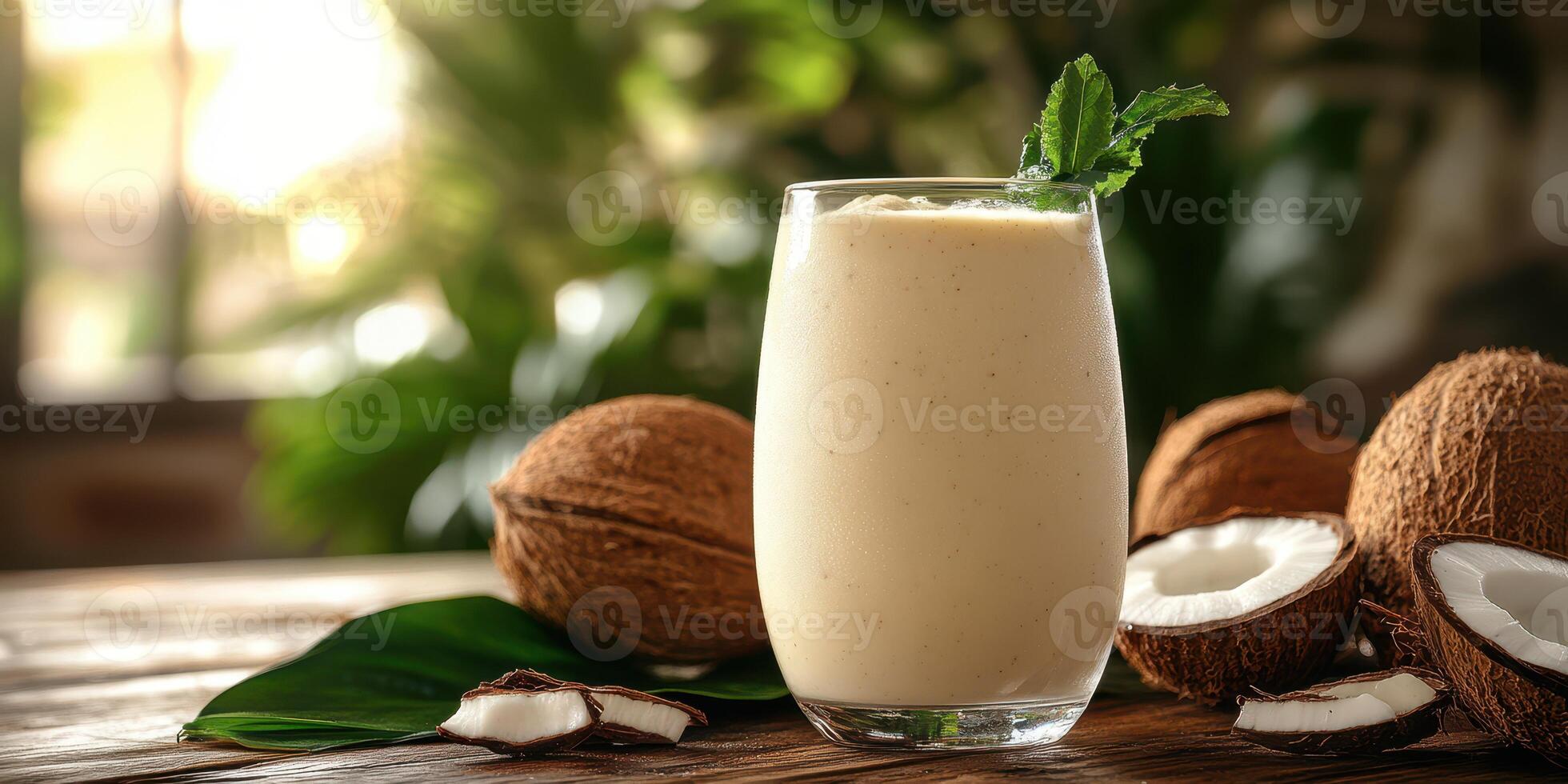 Refreshing coconut smoothie served in a glass with fresh coconut halves beside it in a tropical setting photo