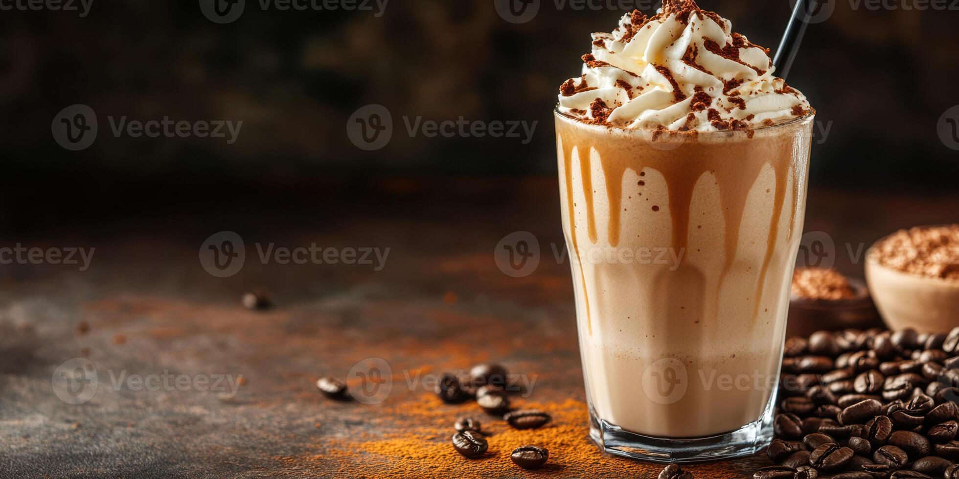 Creamy coffee beverage topped with whipped cream and chocolate sprinkles served in a tall glass photo