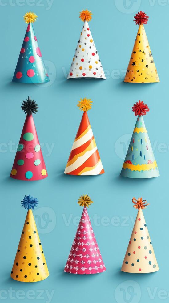 Colorful party hats arranged on a blue background for a festive celebration or event photo