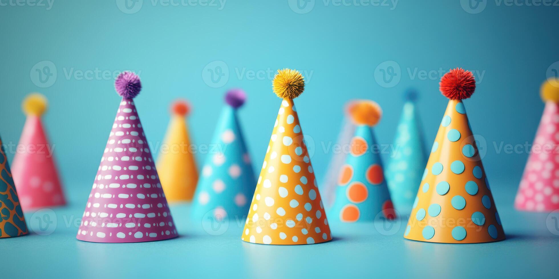 Colorful party hats arranged in a festive display on a bright blue background for a celebration event photo