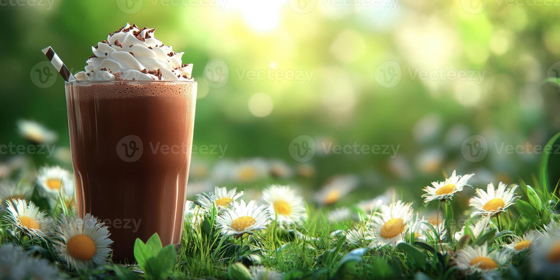 refrescante chocolate bebida coronado con azotado crema rodeado por margaritas en vibrante verde jardín durante luz foto