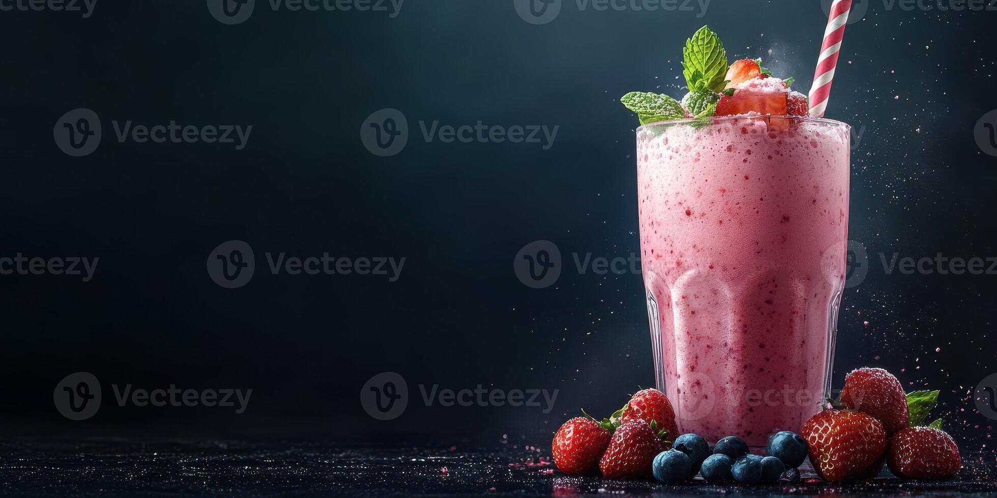 Refreshing fruit smoothie with strawberries and blueberries served in a glass against a dark background photo