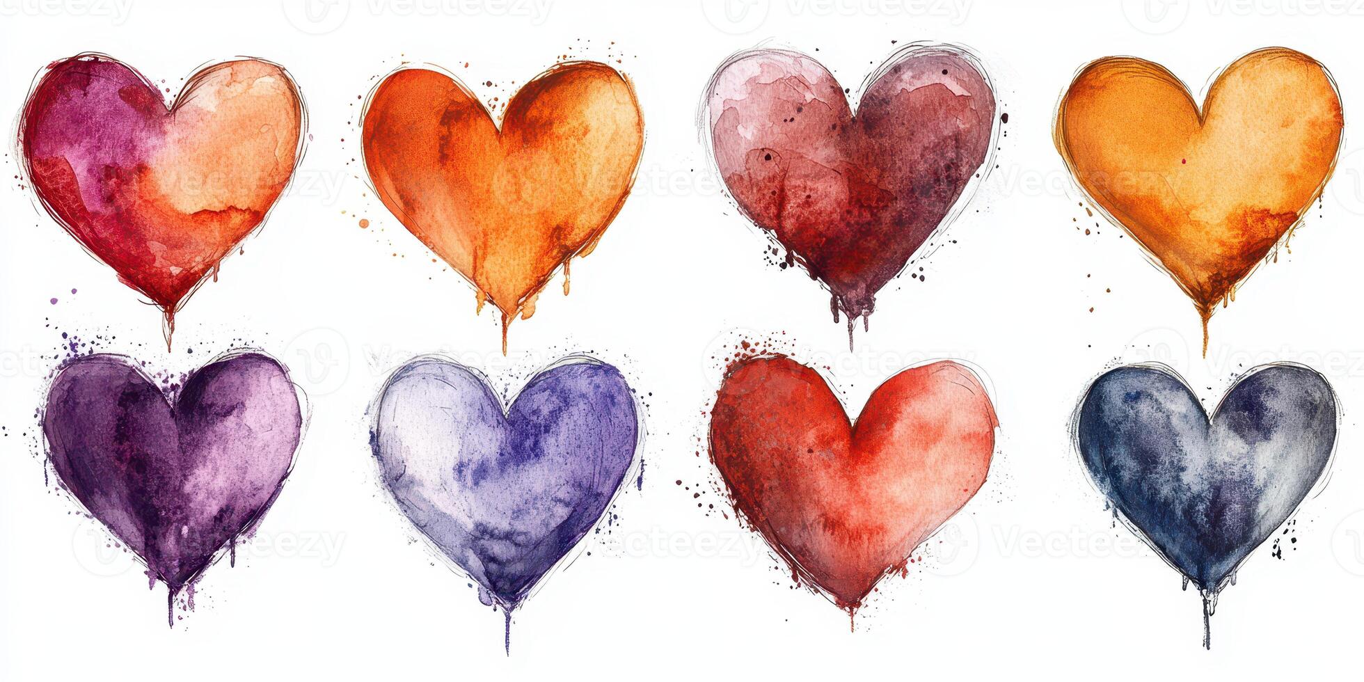 Colorful watercolor hearts in various shades on a white background showcasing artistic creativity and emotion photo