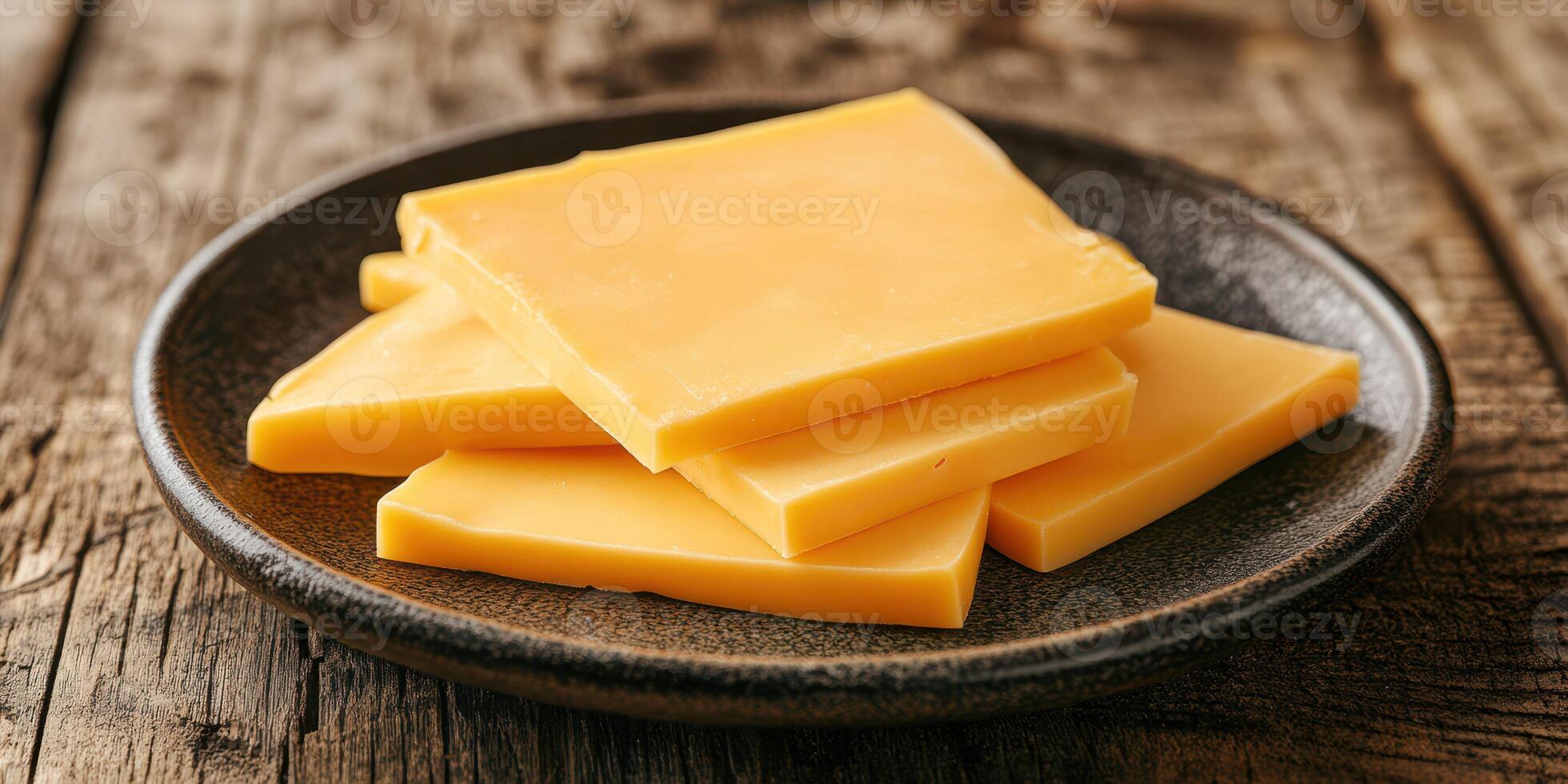 Slices of cheddar cheese arranged on a rustic plate on a wooden table photo