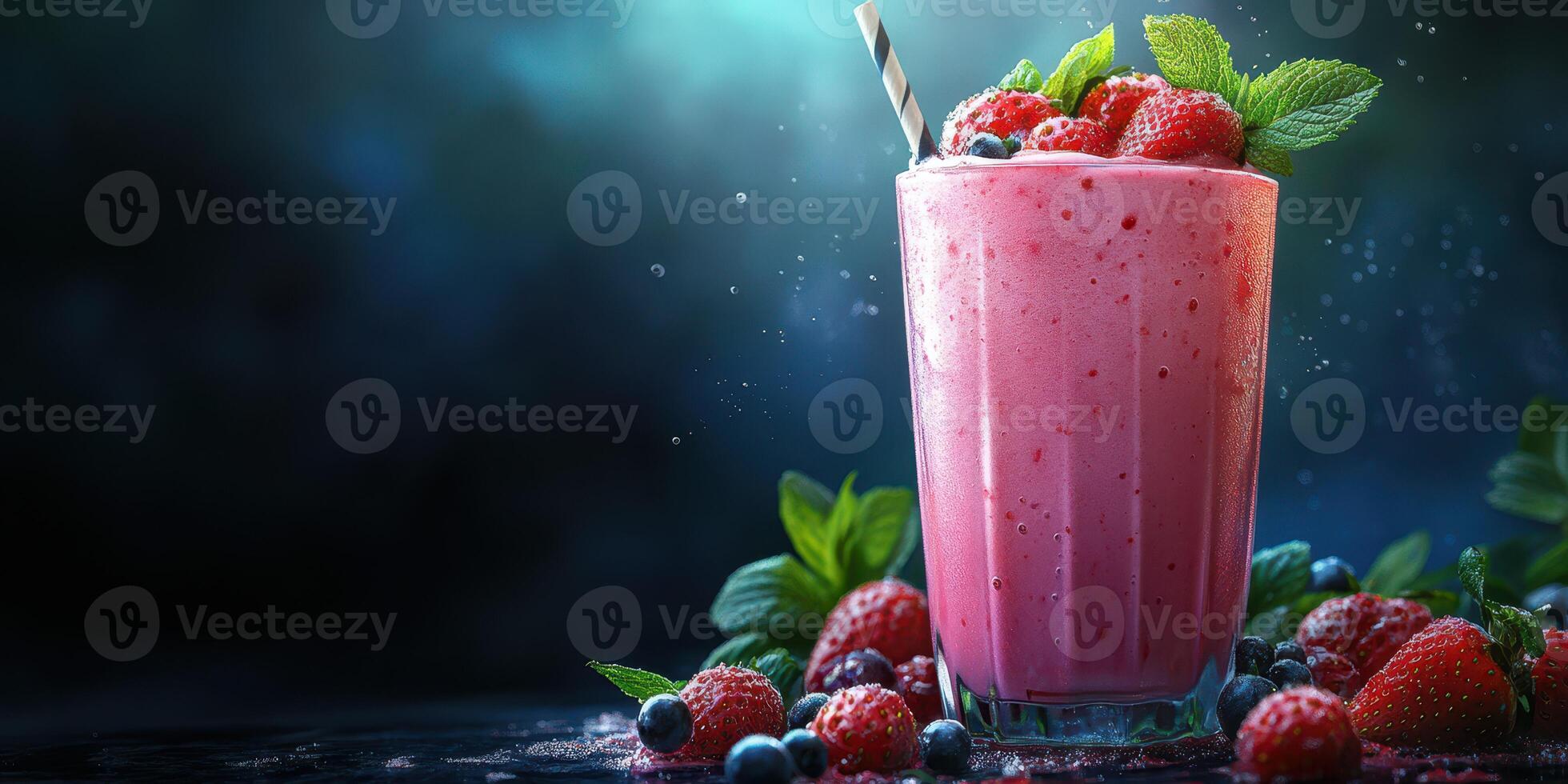 Refreshing berry smoothie with mint leaves served in glass on dark background photo