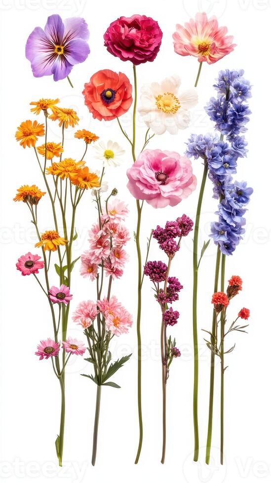 Colorful assortment of spring flowers arranged vertically on a white background showcasing vibrant petals and various shades photo