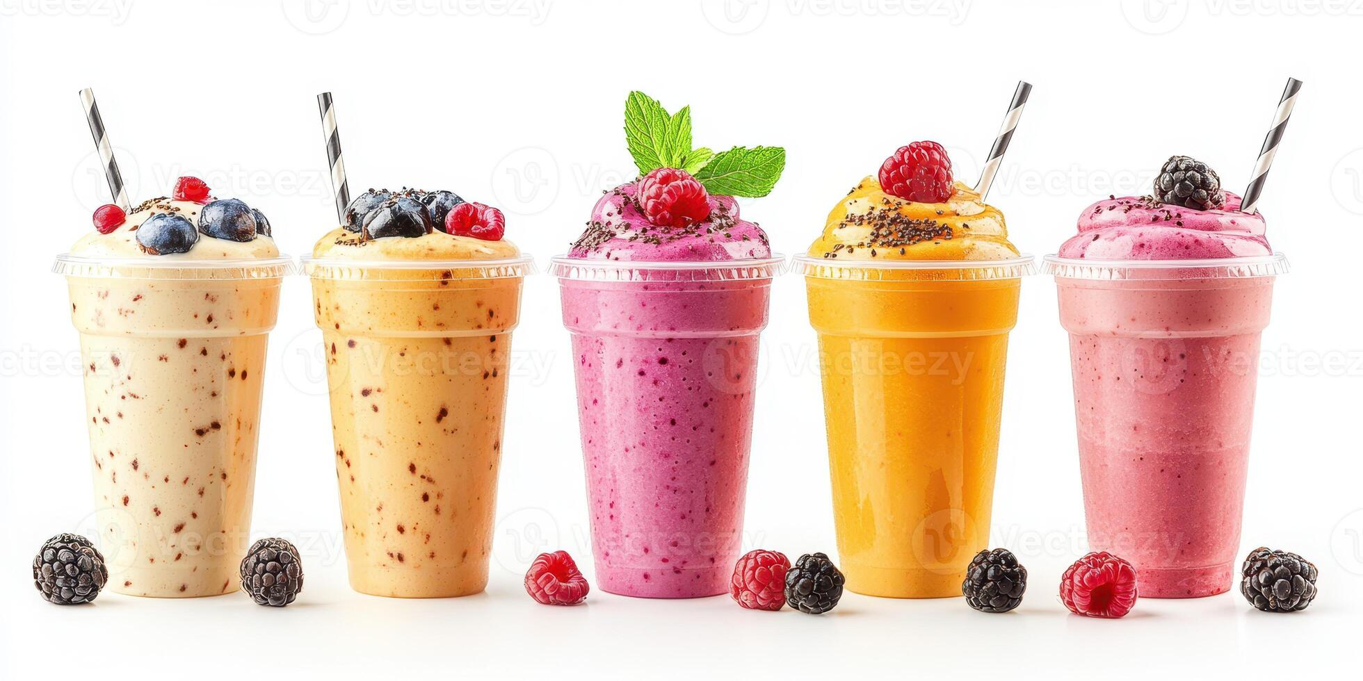 Colorful smoothie cups arranged on a white background showcasing various fruit flavors and toppings photo
