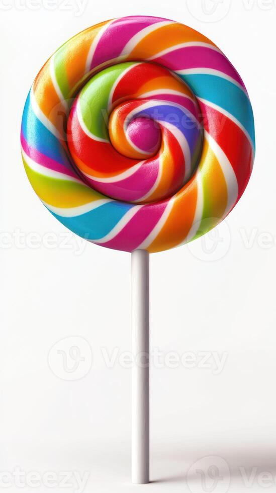 Colorful spiral lollipop with bright swirls standing on a white background photo