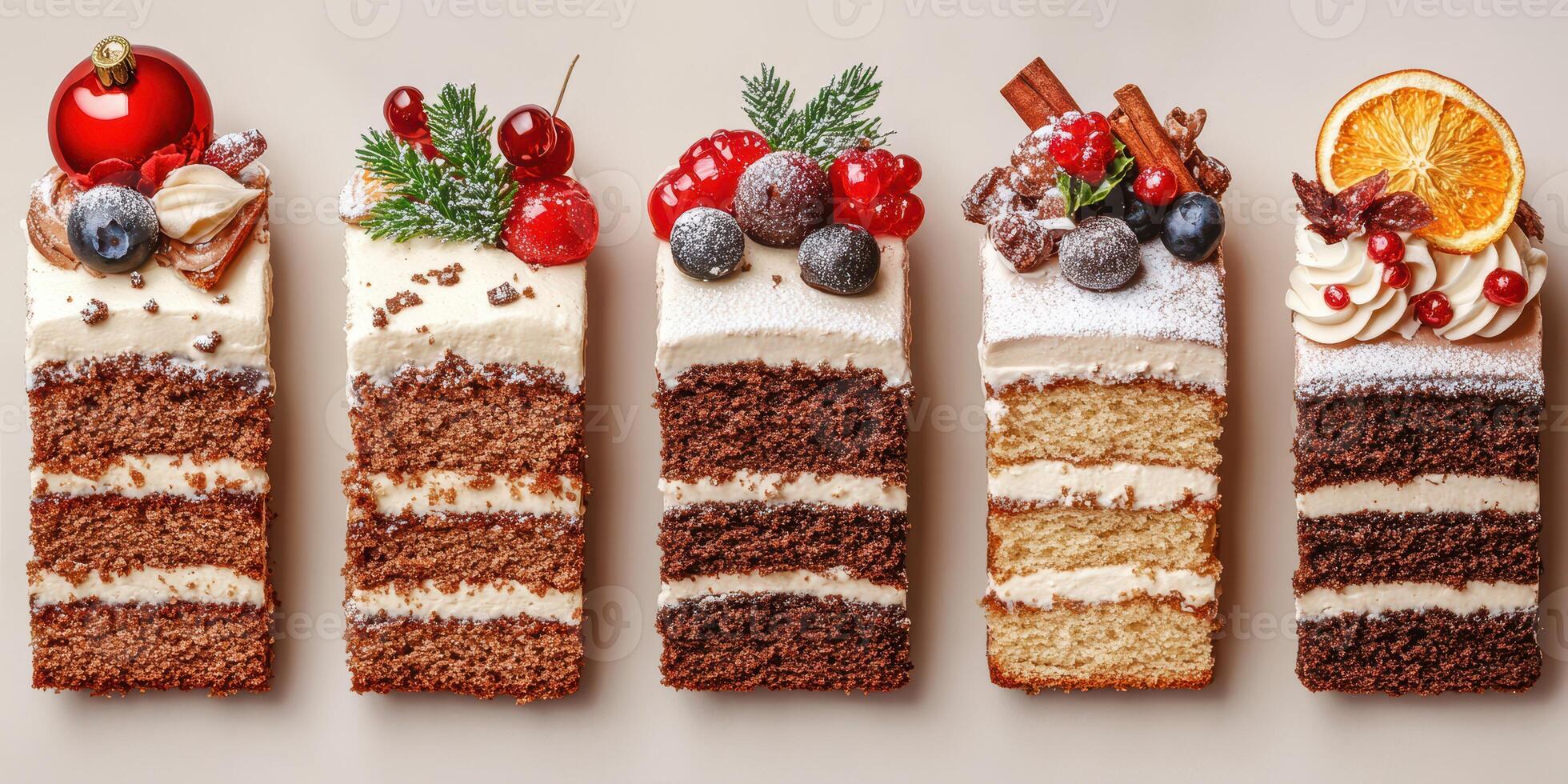 Festive cake display showcasing colorful layers and decorative toppings for the holiday season photo
