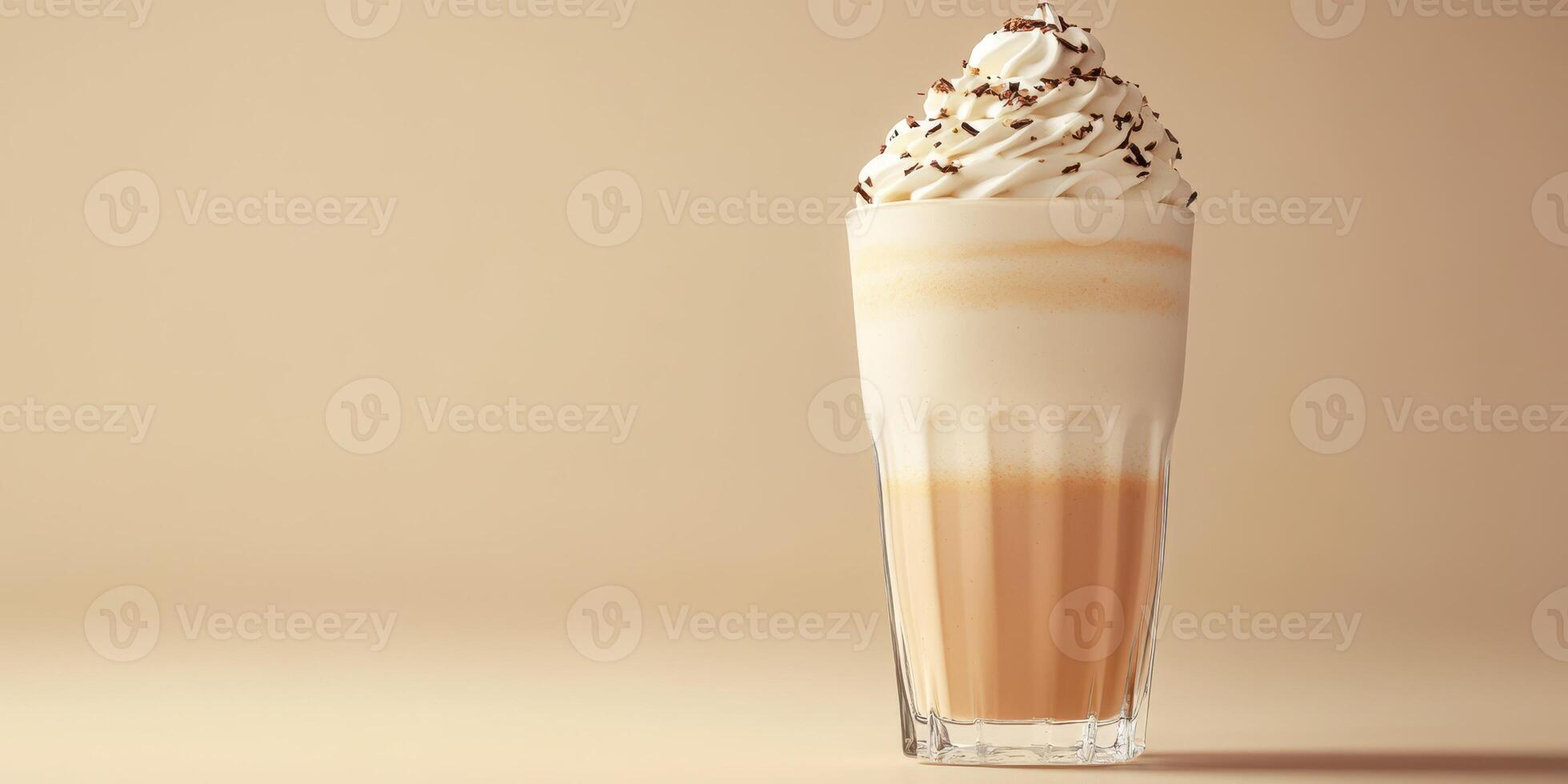 Delicious creamy dessert drink topped with whipped cream and chocolate sprinkles on a neutral background photo