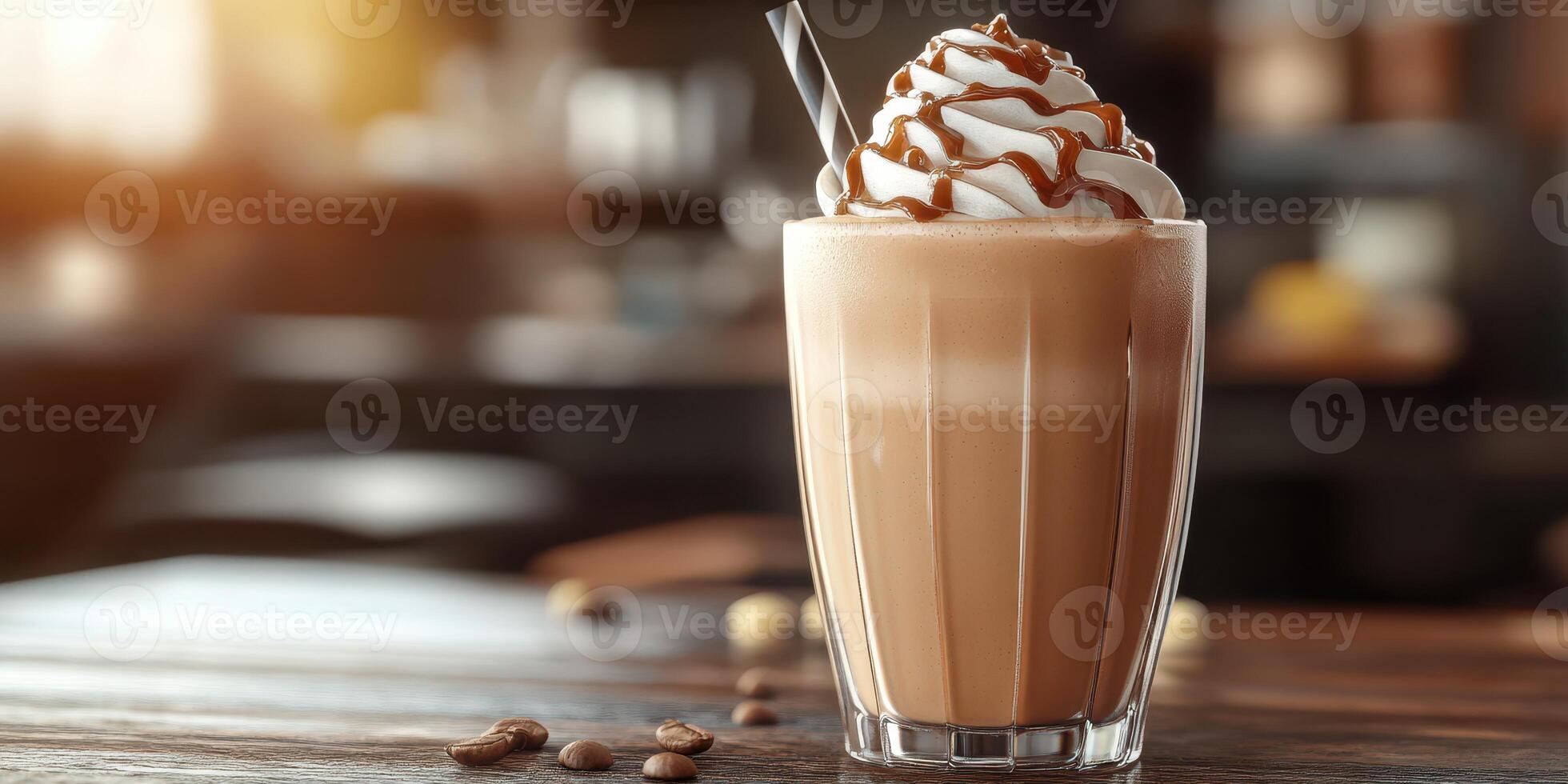 Refreshing caramel iced coffee with whipped cream served in a tall glass on a wooden table in a cozy cafe setting photo