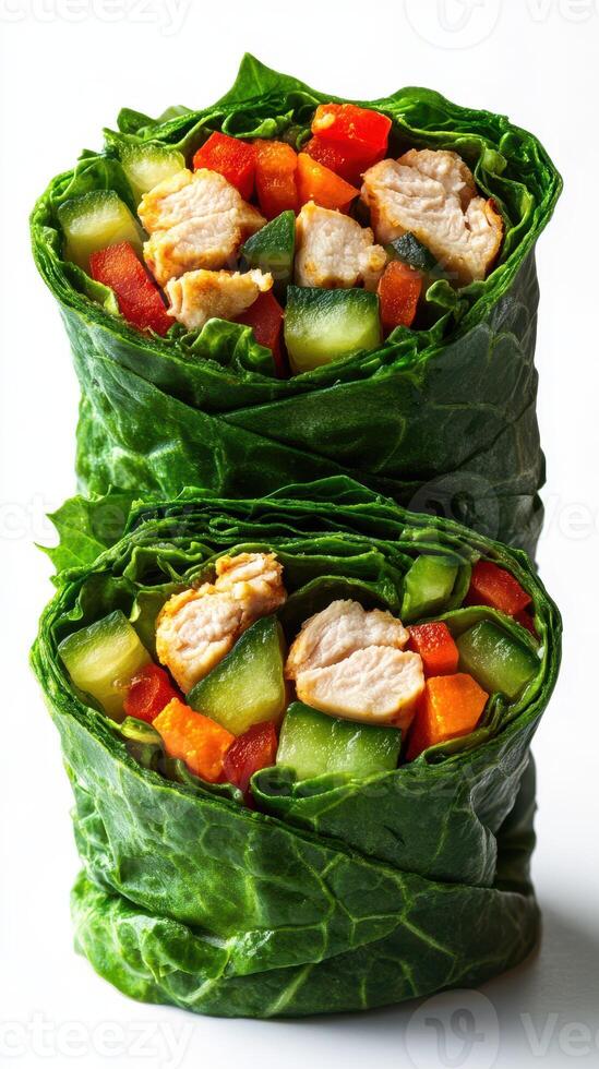 Fresh vegetable and chicken collard green wraps made with colorful ingredients for a healthy snack or meal preparation photo