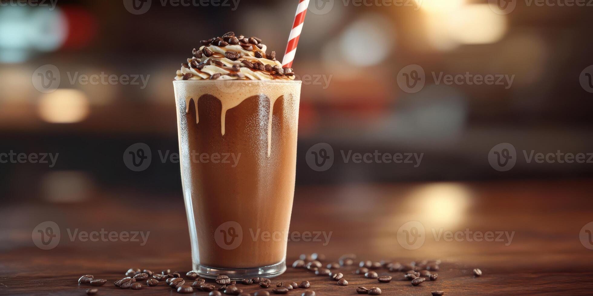 Creamy mocha drink topped with whipped cream and coffee beans in a cozy cafe setting photo