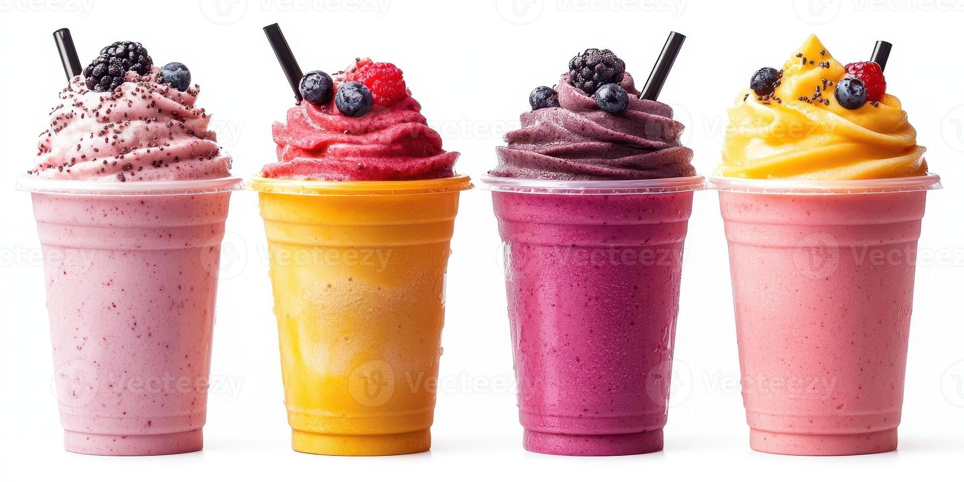 Colorful frozen beverages in clear cups arranged together on a white background, showcasing various fruit flavors and toppings photo