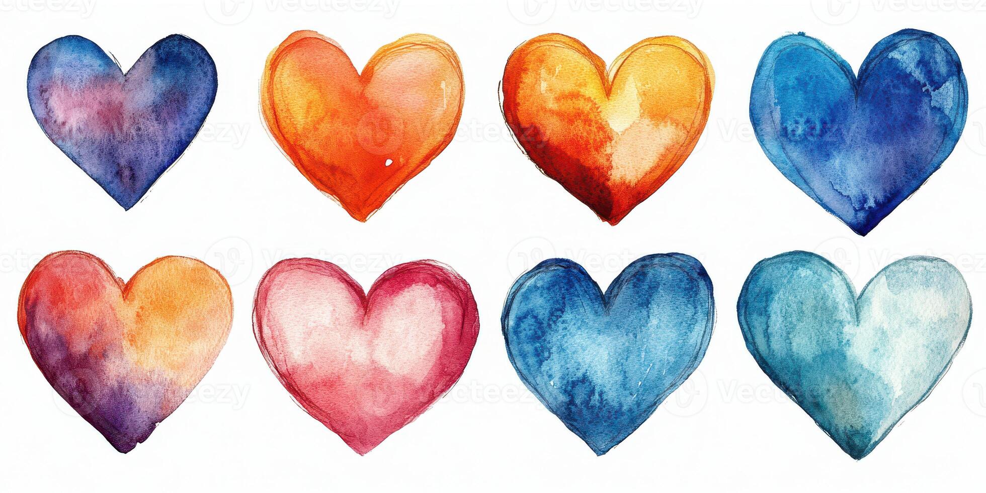 Colorful watercolor hearts arranged in a creative pattern suitable for crafts or decor photo