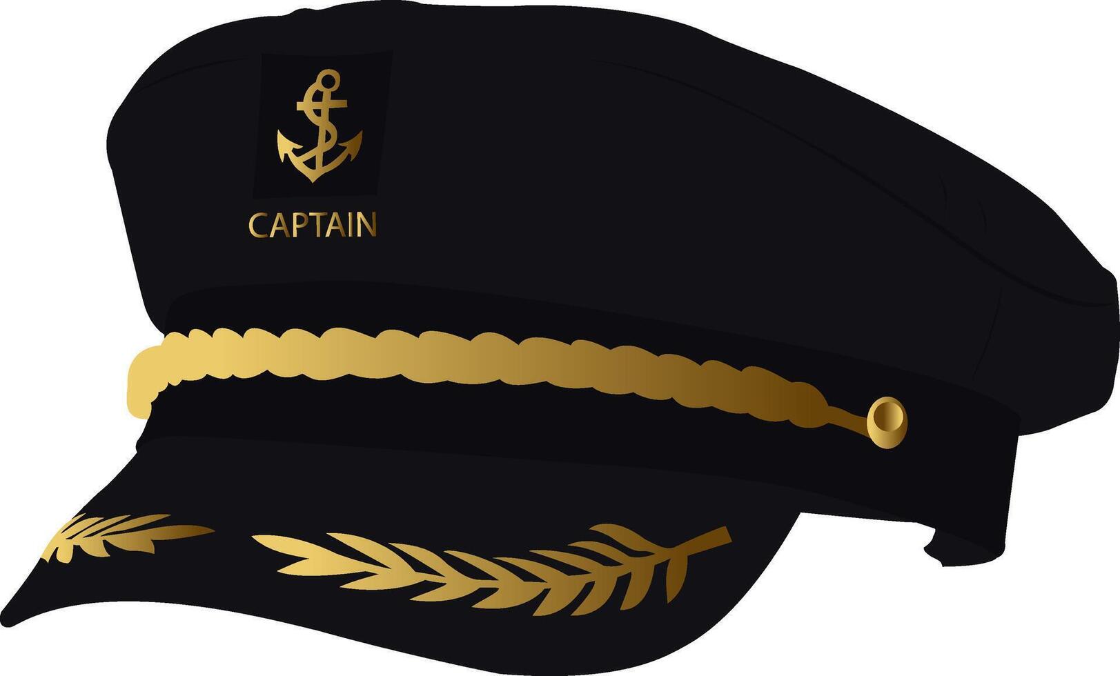 Naval officer cap. Black cap with gold brim, gold insignia. Military uniform headwear. Pro nautical headwear. Marine officer hat. vector