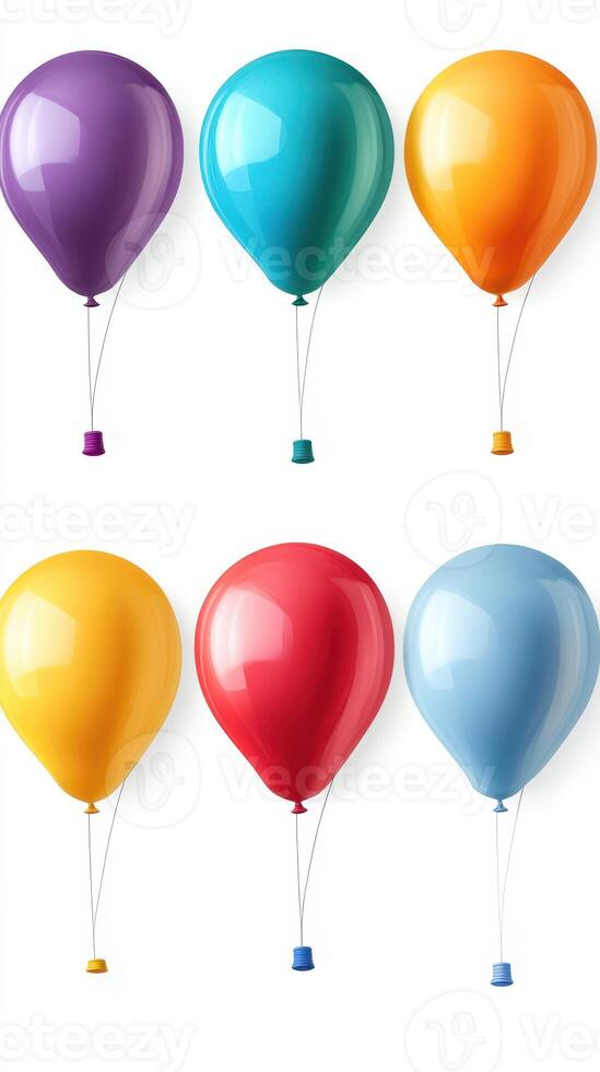 Colorful assortment of balloons arranged in two rows against a white background for festive occasions photo